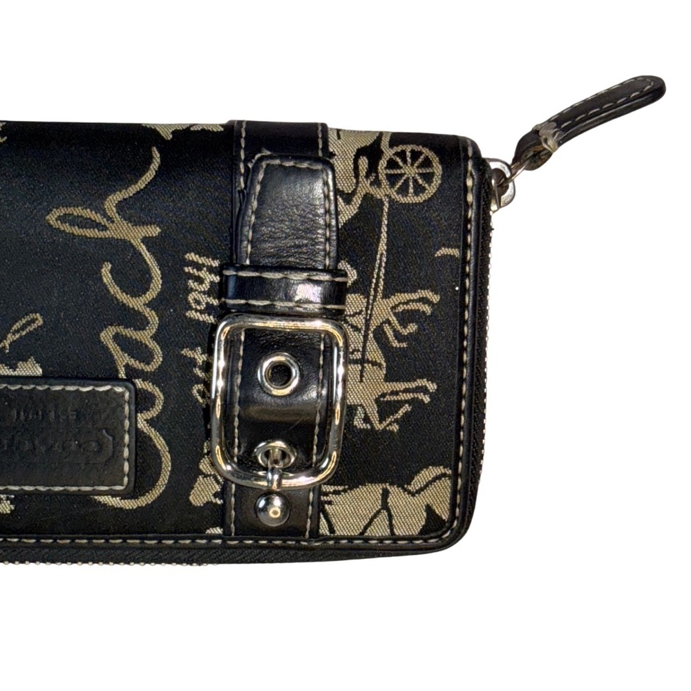 Coach Black Gold Horse and Carriage Script Canvas Zip Around Long Wallet Buckle - Picture 4 of 9